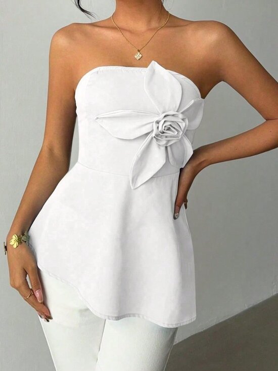 White Casual Women's Elegant 3d Floral Asymmetrical Hem Tube Top - Picture 3 of 7